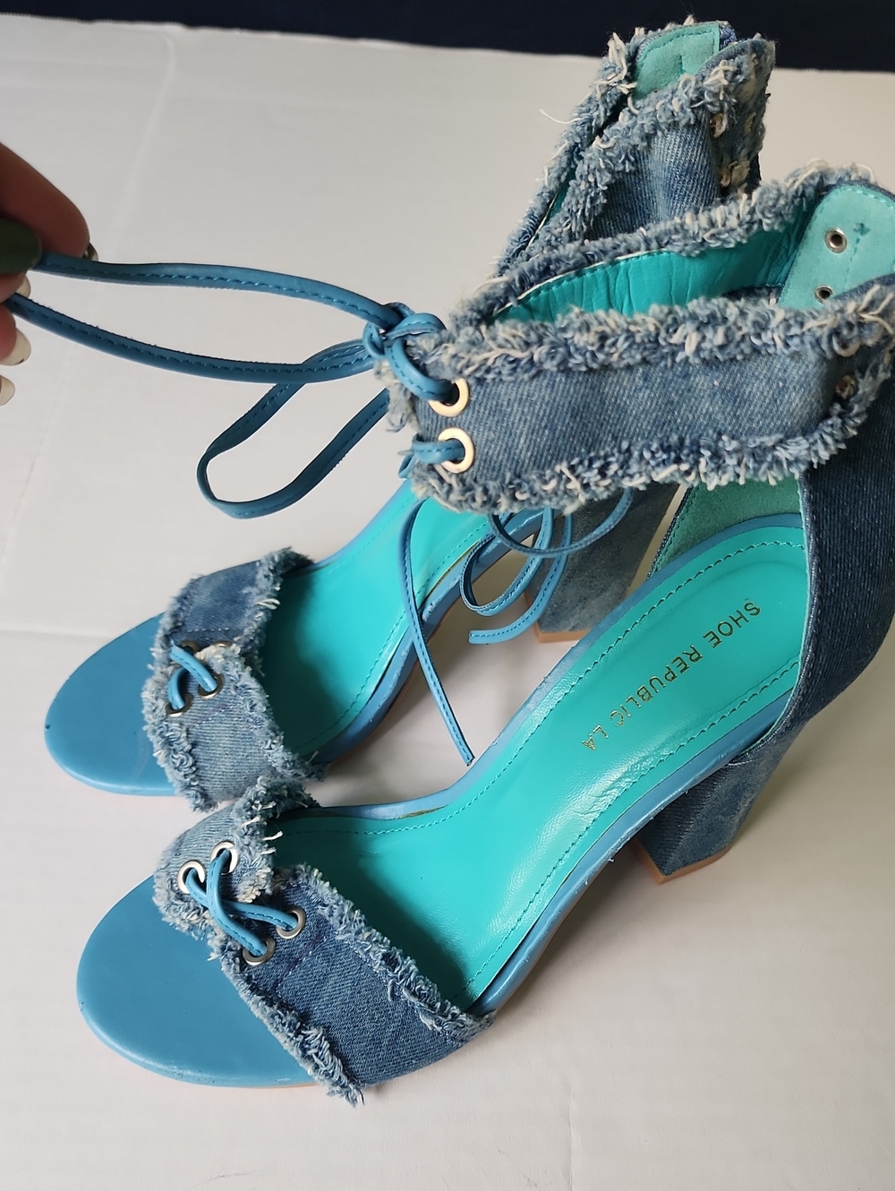 Shoe Republic LA Teal Denim Frayed Chunky Lace-Up Block Heel Sandals, Size 9